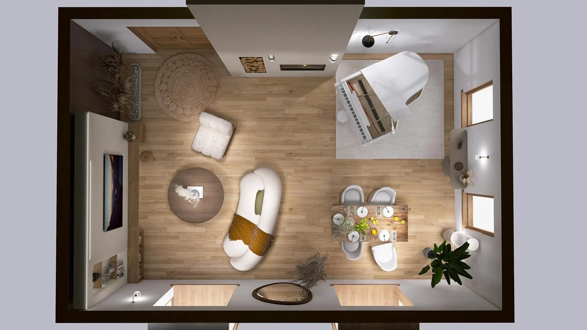 Vue en plongée d’un salon avec piano blanc et mobilier en bois naturel, montrant une conception d’architecture intérieure optimisée pour un espace de vie chaleureux.