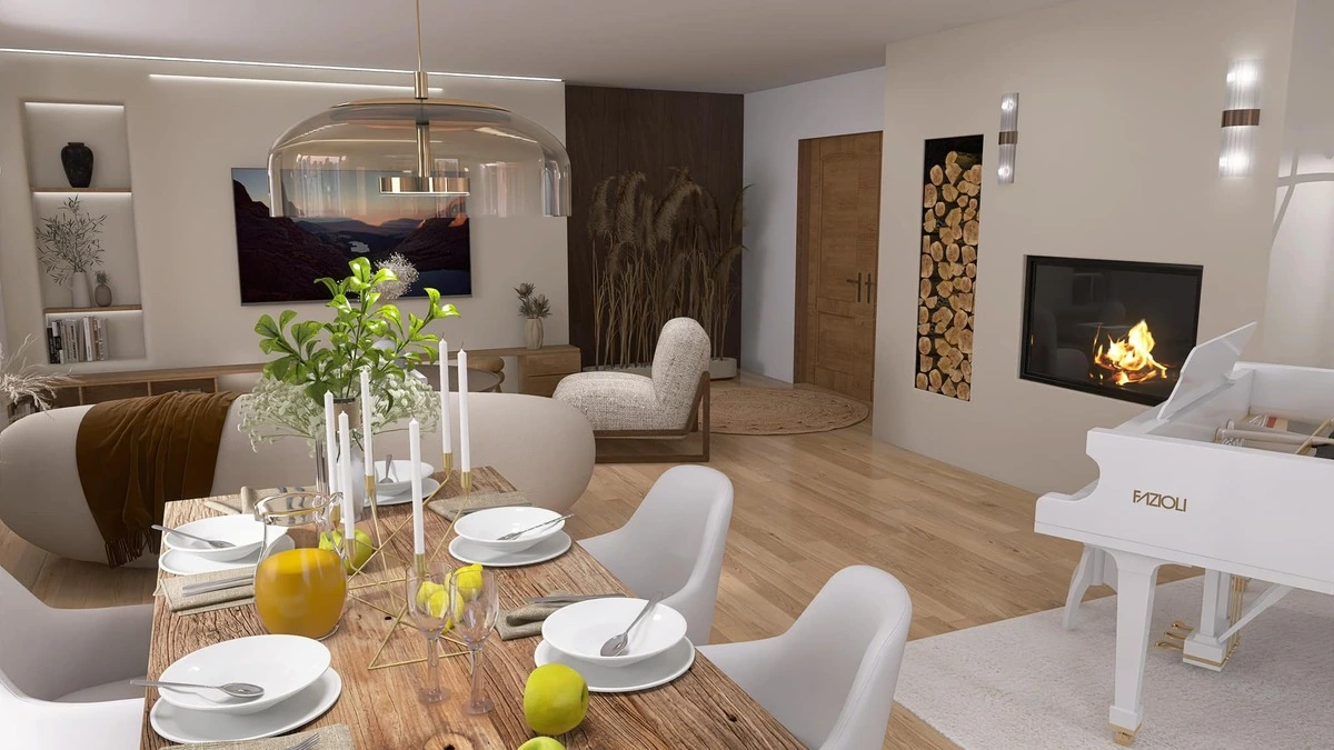 Salle à manger ouverte sur un salon avec cheminée et décoration élégante en bois, mettant en valeur l’importance de l’architecture intérieure dans la création d’ambiances conviviales.