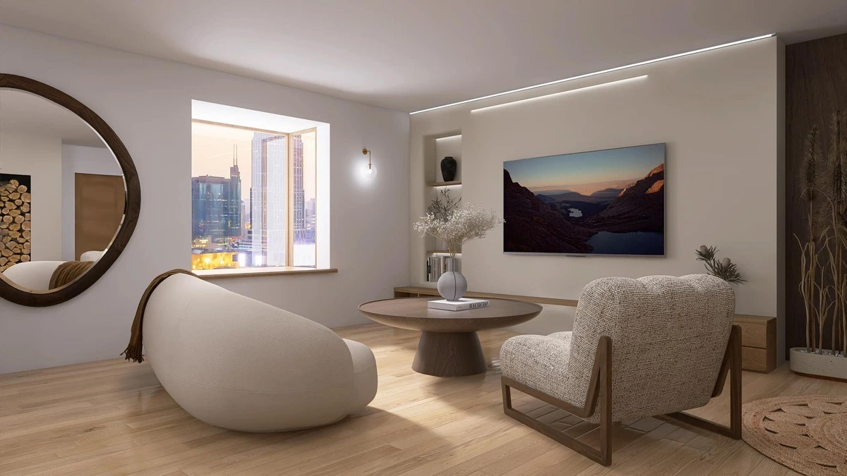 Salon minimaliste avec vue sur la ville, mobilier en bois et fauteuils confortables, reflétant une décoration d'intérieur axée sur le confort et la simplicité.