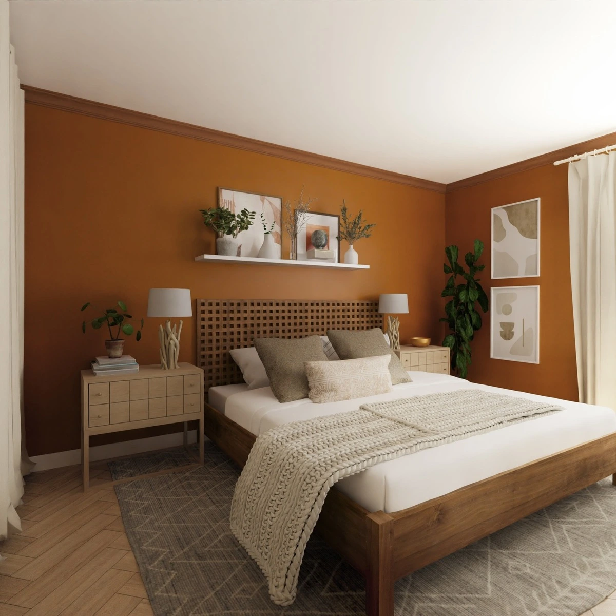 Chambre avec murs terracotta, lit en bois, textiles naturels et éléments décoratifs, illustrant un style chaleureux et contemporain en décoration d'intérieur.